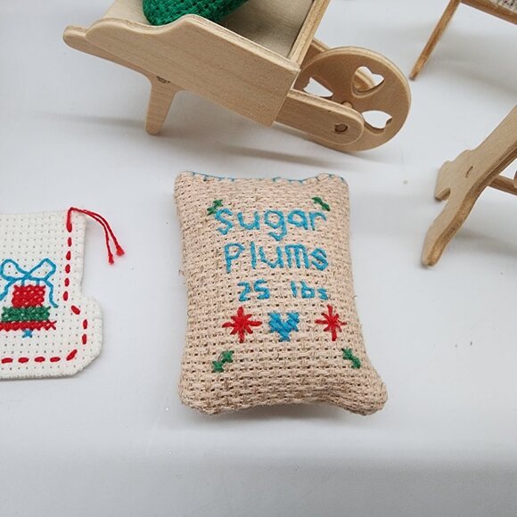 Miniature Christmas Decor Wooden Stands Needlepoint Chairs Pillows Doll House - Picture 3 of 10